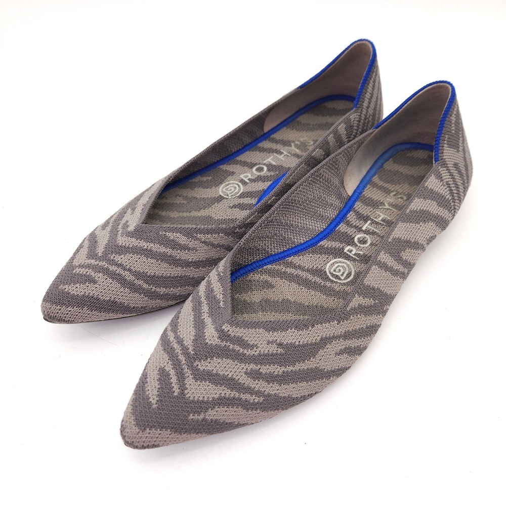 Rothys Women 8 Gray Zebra The Point Knit Flats Animal Print Retired Discontinued